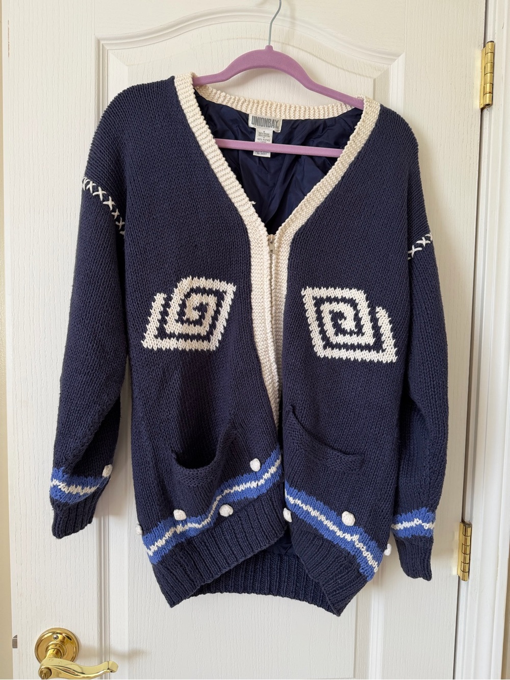 Vintage Unionbay Cardigan Sweater Womens S Navy Blue Chunky Knit 90s Lined